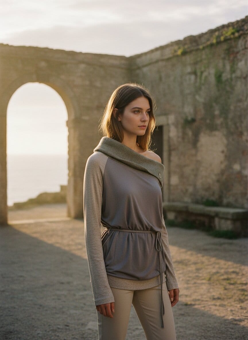 Model in cream knit in an Italian courtyard