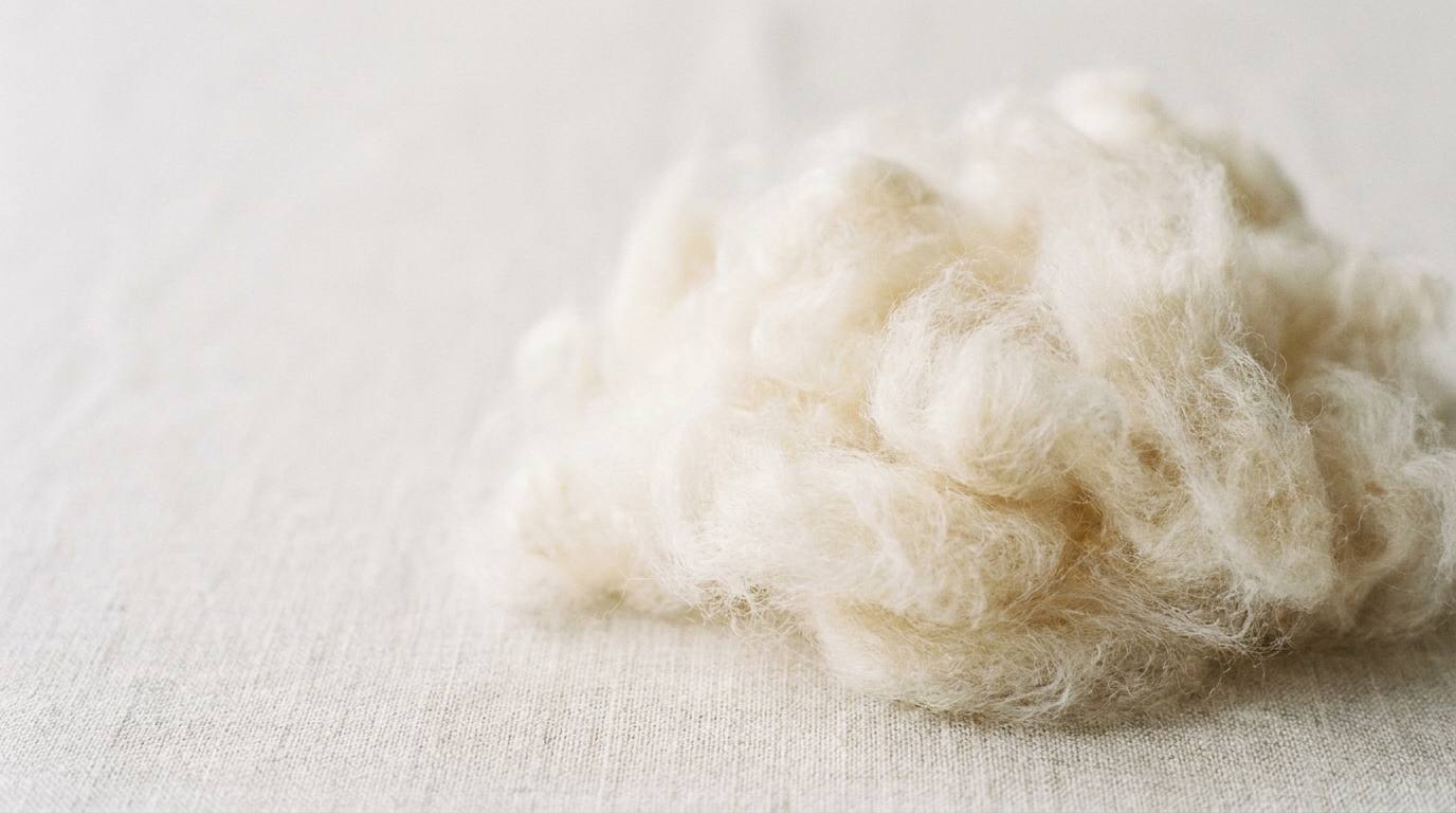 Master artisan hands working a soft skein of cream cashmere yarn on a wooden workbench in a sun-warmed Italian atelier, with baskets of raw wool and vintage scissors.