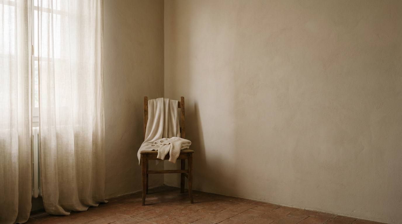 A quiet Italian room with plaster walls and a terracotta floor, cream knitwear resting on a wooden chair by the window