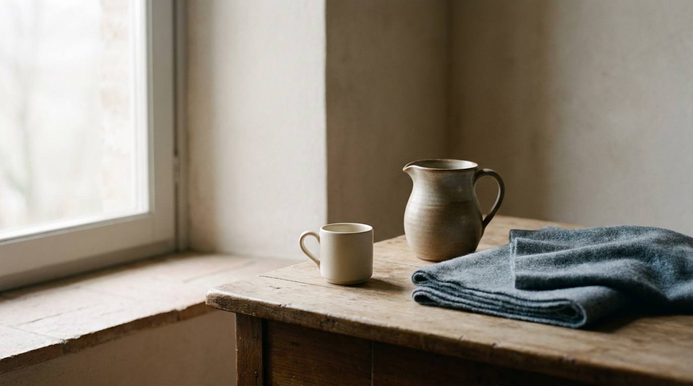 Italian wooden table with espresso cup and folded scarf