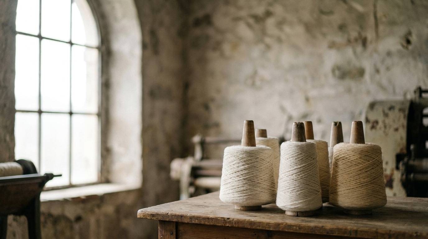 An Italian artisan workshop in soft afternoon light, with baskets of cream and taupe wool, a wooden table and vintage scissors.