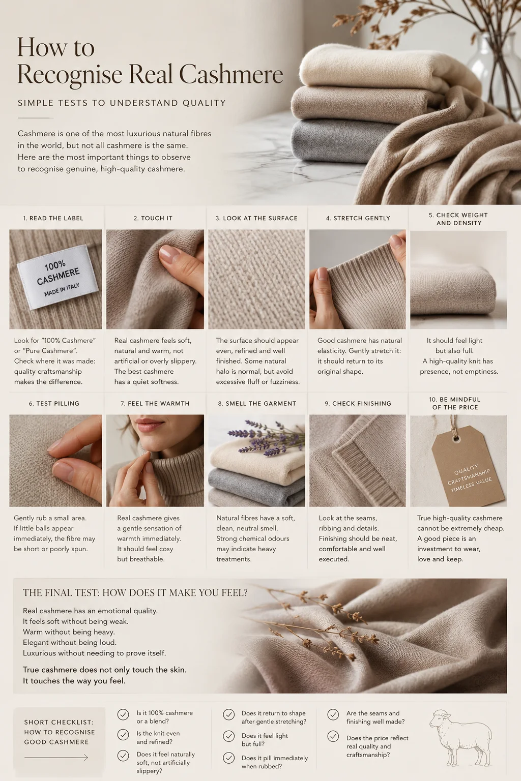 An illustrated guide to recognising genuine cashmere through touch, warmth and fibre quality.
