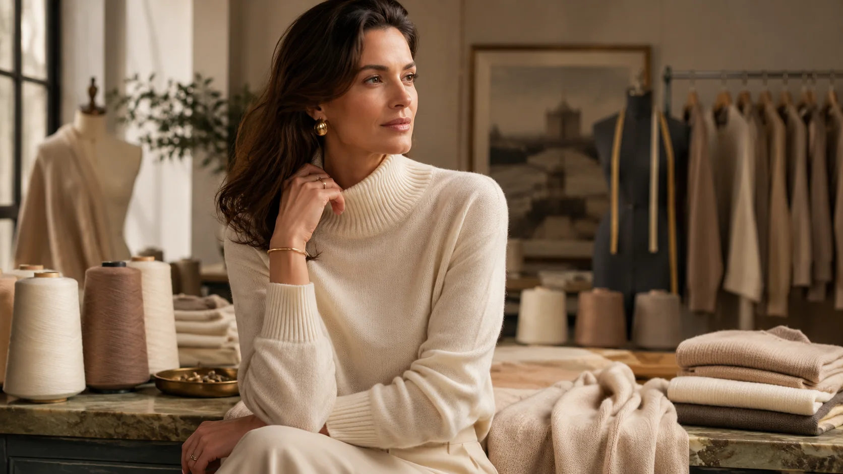 A woman working in an Italian cashmere atelier surrounded by yarn and garments.