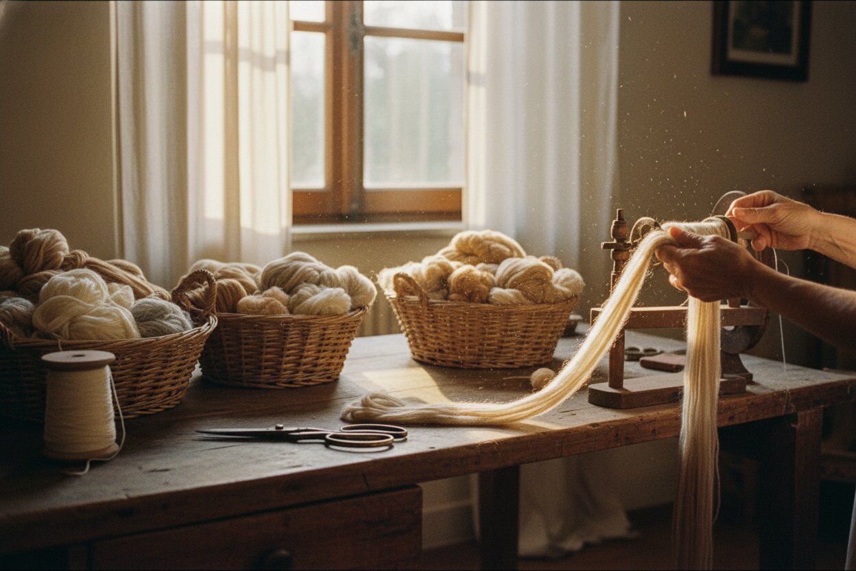 Master artisan hands working a soft skein of cream cashmere yarn on a wooden workbench in a sun-warmed Italian atelier, with baskets of raw wool and vintage scissors.